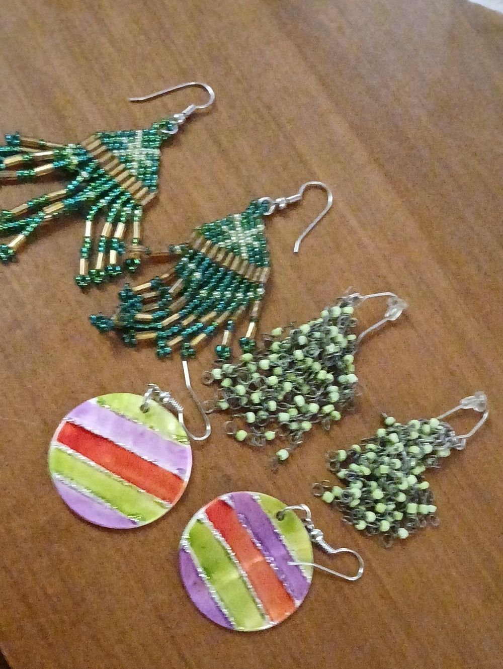 3 Pairs Handmade Green Beaded Fringe Earrings Statment Earrings